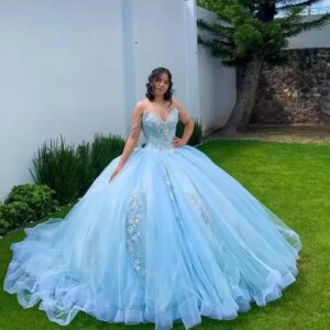 Customized Glittering Light Blue Quinceanera Dresses Beading Lace Gorgeous Vestidos De 15 Anos Birthday Party Prom Princess