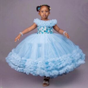 Light Sky Blue Girls Birthday Party Dresses Pearls Ruffles Flower Girl Dresses Baby Kids Ball Gowns for Photo Shoot