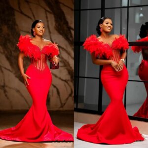 Simple Mermaid Evening Dresses For Women Sheer Neck Sleeveless Gowns Feather Beaded Sweep Train Party Dress Custom Made