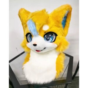 Furry Yellow Fox Long Fur Husky Dog Mascot Head Fursuit Party Cosplay Nt