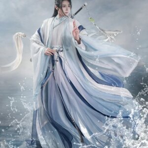 Hanfu Men Chinese Traditional Embroidery Hanfu Male Cosplay Costume Fancy Dress Blue&White Hanfu Set For Men 3XL Large Size
