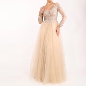 Customized Exquisite Crystal Off the Shoulder Tulle Evening Dresses Fashion Scoop Long Sleeves A-Line Floor Length Bridal Party