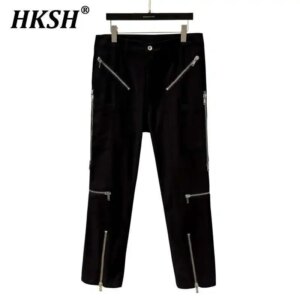 HKSH 2025 Spring New Men’s Tide Casual Cargo Pants Straight Multi Zipper Dark Safari Style Punk Techwear Y2K Niche Design HK4538