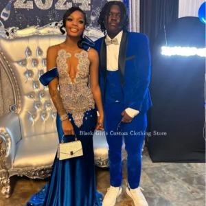 Gorgeous Diamond Mermaid Prom Dress Luxury Royal Blue Sheer Mesh African Evening Black Girls Birthday Party Customised