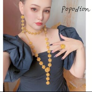 Popodion New Dubai Jewelry 24K Gold Plated Flower Necklace Ring Women’s Earrings Fashion Jewelry Set Of Four YY10291