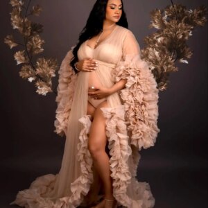 Vintage Champagne Maternity Gowns for Photoshoot Tiered Ruffles Tulle Pregnant Women Robes Sexy Long Sleeves Baby Shower Dresses
