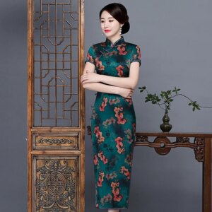Spring and Summer New High Quality Real Silk Printed Modified Long Type Vintage Cheongsam Qipao Women’s Dress