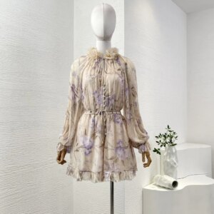 2025 High Quality Violet Floral Print Long Sleeve Flowers Appliqued Ruched Playsuit Jumpsuit