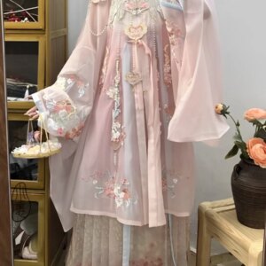 Chinese traditional Hanfu pink embroidery cloud shoulder standing collar gown horse face skirt set hairflower Hanfu