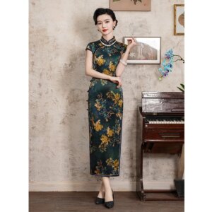 High Quality Improved Cheongsam Qipao Real Silk New Summer Dark Green Retro Dress Chinese Women’s High-End 2024 Long