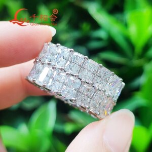 12mm width 4*6mm radiant shape double raws Full Eternity Ring Silver Moissanite Ring Men women wedding datting gift fine Jewelry
