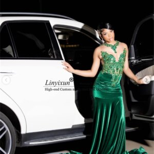 Luxury Crystals Beaded Mermaid Prom Dress 2025 Black Girls African Robes De Soiree Customized Velvet Wedding Party Dress
