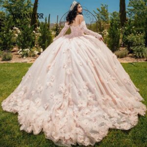 Lovely Pink Flower Quinceanera Dresses 2024 Beading Long Sleeves Sweet 16 Dress Pageant Gala Birthday Vestidos De 15 Años Miss
