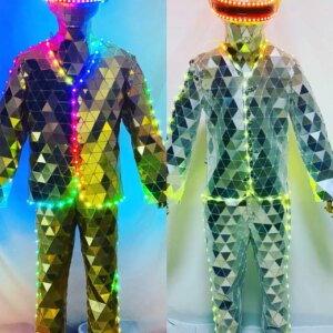 Club Show Halloween Silver Stilts Walker LED Mirror Man Show Stage Dress Hand Sewn Performance Costume Glass Cosplay Clothing