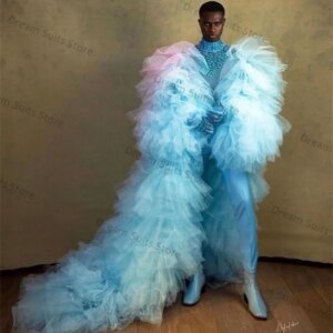 Beaded Blue Formal Men Suit Pants Set 2 Piece Tiered Tulle Wrap Blazer+Trouser Customized Office Jacket Prom Tuxedo Coat