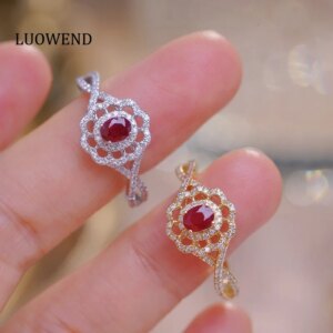 LUOWEND 100% 18K White/Yellow Gold Rings Luxury Diamond Natural Ruby Ring Romantic Lace Style High Wedding Jewelry for Women