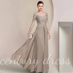 Customized Long Sleeve Mother of the Bride Dress For Wedding Elegant Scoop Neck Embroidery Formal Party Dresses Applique Lace