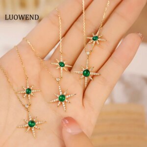 LUOWEND 18K Yellow Gold Earrings Romantic Star Design Natural Diamond Natural Emerald Earrings&Necklace High Women’s Jewelry