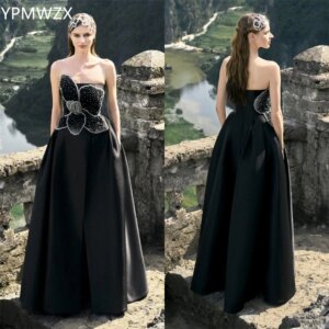 Customized Evening Dress Formal Party Occasion Prom Gown YPMWZX Strapless A-line Floor Length Skirts Draped Sleeveless Applique