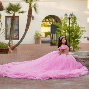Customized Sparkly Pink Ball Gown Quinceanera Dress Applique Crystal Beaded Tull Tiered Sweet 16 Vestidos De 15 Anos