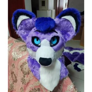 Purple Fursuit Long Fur Husky Dog Fox Mascot Head Party Halloween Fur Cosplay