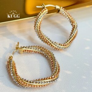 KUGG 100% 18K White+Yellow+Rose Gold Earrings Vintage Square Shape OL Style Hoop Earrings for Women High Party Jewelry