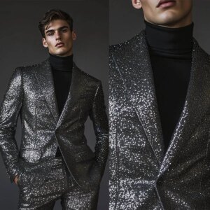Bright Sequined Men Wedding Tuxedos Black Peaked Lapel Tailored Pants Suits Birthday Party Prom Groom Wear 2 Pieces