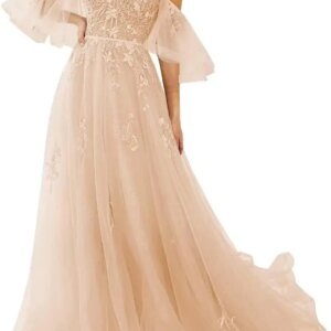 Lace Applique Tulle Prom Dresses Off Shoulder Puffy Sleeves Wedding Dress Long Women Sweetheart A Line Evening Gowns