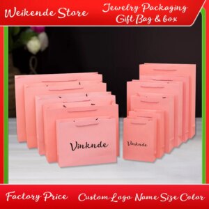 100Pack Light Pink Paper Bags With Ribbon Handles Wedding Candy Gift Packing Bags Custom Logo Jewelry Clothing Cosmetic Storage