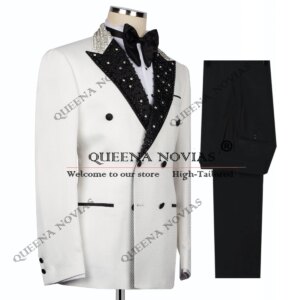 Luxury Beaded Stoned Groom Wedding Tuxedos Customized Black Lapel Double Breasted Jacket Pants 2 Pieces Suits Men Slim Fit Dress