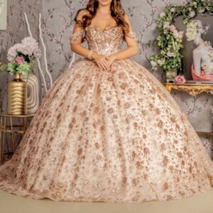 Rose Gold Shiny Princess Quinceanera Dresses Off The Shoulder Sequin Appliqued Lace Beads Tull Corset Sweet 16 Dress Ball Gown