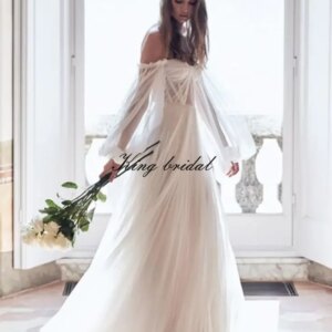 Off Shoulder Tulle Wedding Formal Evening Gowns See Through Gown Custom Made Women’s Puffy Long Sleeve Prom Dresses with Slit