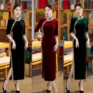 Velvet Lace Long 3/4 Sleeves Cheongsam Qi Pao Spring and Autumn Retro Ethnic Style Middle-Aged Elderly Ladies’ Banquet