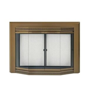 Small Heritage Brass Glass Fireplace Doors Energy Efficient Rigid Mesh Panels Bay Design Hidden Damper Knob 38.75″L x 28″W