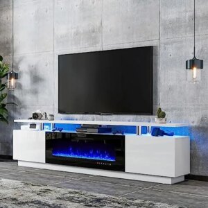 80″ High Gloss Fireplace TV Stand with 40″ Electric Fireplace and Open Storage Entertainment Center Modern Design 8 Realistic
