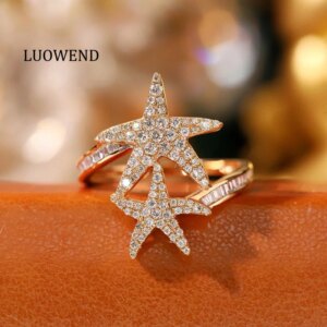 LUOWEND 100% 18K Rose Gold Rings Elegant Star Shape 0.55carat Real Natural Diamond Engagement Ring for Women High Party Jewelry