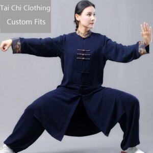 Long Tai Ji Suit New Medium and High Grade Spring Autumn Purplish Blue Double Silk Linen Men Women Style Exercise Clothing