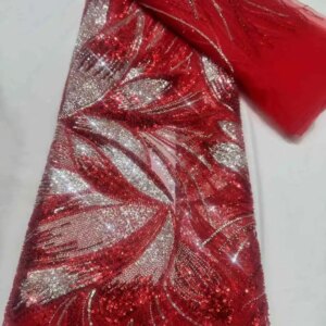 2025 Luxury Heavy Beaded Lace Fabric High Quality African Embroidery Sequins Beaded Red Tulle Lace Fabric For Evening Dresses