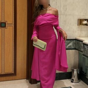 Elegant Arabic Fuchsia Crepe Evening Dresses with Slit فساتين سهرة Sheath Long Sleeve Pleated Ankle Length Prom Dress for Women