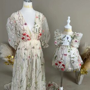 Mom & Me Flower-embroidered Tulle Dress Set Womens Maternity Dresses Photoshoot Family Photography Clothing Flower Girl Dress