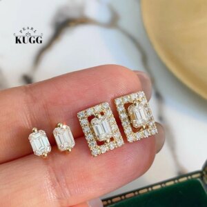 KUGG 100% 18K Yellow Gold Earrings Shiny Real Natural Diamond Stud Earrings Elegant OL Style High Party Jewelry for Women