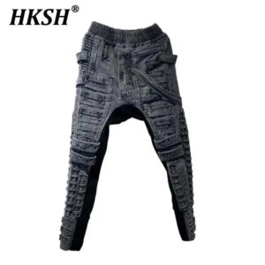 HKSH Men’s Asymmetrical Tide Cargo Pants Dark Irregular Chic Patchwork Elastic Waist Overalls Vintage Waste Land Techwear HK2152