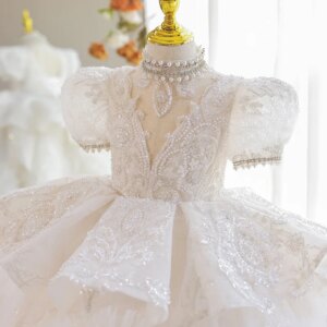 Girls’ Dress2025New White Flower Girl Catwalk Long Dress Performance Costume Host Children’s Princess Dress