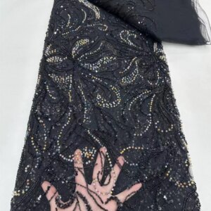 Luxury 2024 African Nigerian Black Sequins Swiss Lace Fabric French Handmade Beaded Organza Mesh Lace Fabric For Wedding Dress