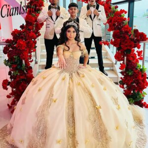 Gold Off The Shoulder Beading Tassel Quinceanera Dresses Ball Gown 3D Butterfly Appliques Lace Sweet 15 Años Mexican Customized