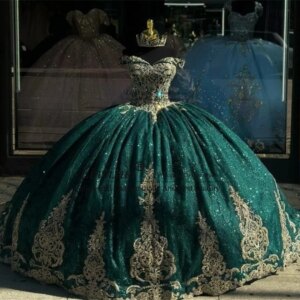 Customized Green Quinceanera Dress Ball Gown Gold Lace Applique Beaded Corset Sweet 16 Princess Birthday Vestidos De XV 15 Anos