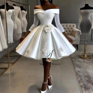 Customized White Evening Dresses Elegant Off the Shoulder Long Sleeve 3D Flowers A-Line Ball Gowns Special Occasion Prom Dress 2