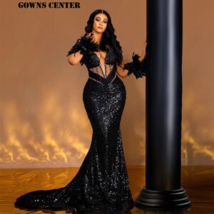 Black Sequin Feathers Mesh Long Sleeves Evening Dress Mermaid Aso Ebi Women Formal Party Dress For A Wedding Africa Customized