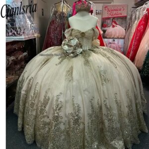 Champagne Off The Shoulder Quinceanera Dresses Ball Gown Sequined Appliques Lace Bow Customized Corset Vestidos De XV Anos
