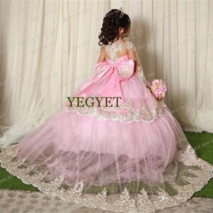 CustomizedAdorable Pink Flower Girl Dress: Lace Applique & Fluffy Tulle Skirt with Bow | Wedding, Pageant, Birthday Party
